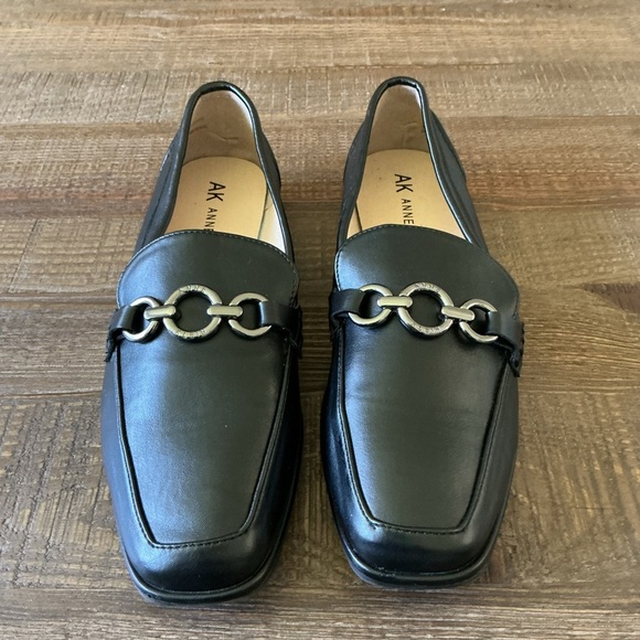 Anne Klein Black Leather Loafers with Silver Accent - Picture 2 of 6